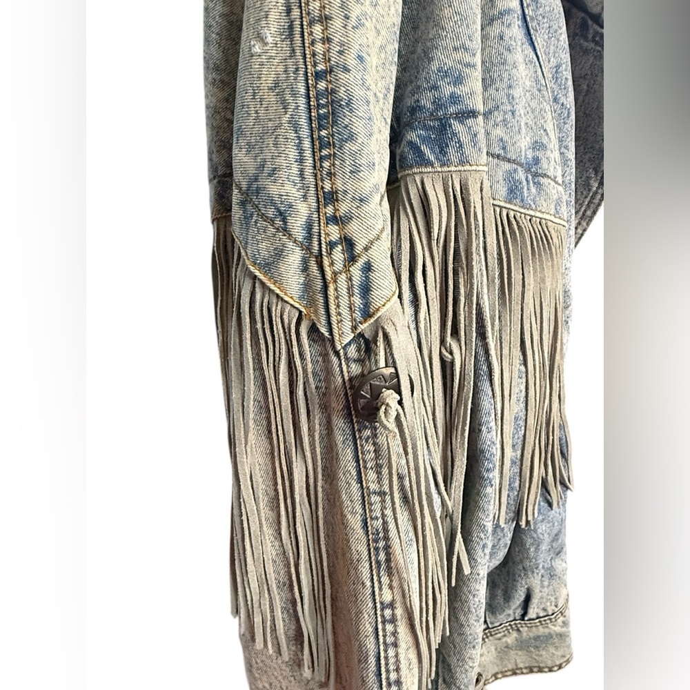 Vintage Rock Creek Distressed Fringe AcidWash Leather Fringe Jean Jacket Sz 18W - Picture 8 of 12